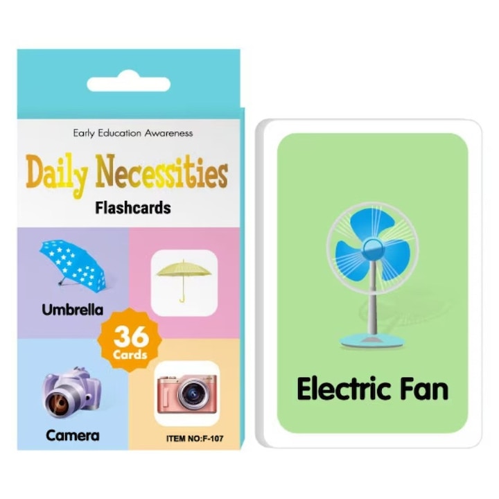 Set 36 carduri educative cu obiecte uz zilnic pentru copii, recunoastere vizuala si invatare engleza prin joc