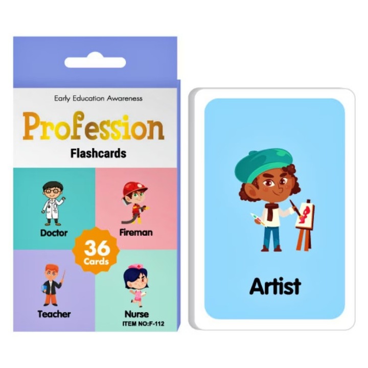 Cartonase educative copii, 36 carduri profesii, invatare engleza prin joc, 11.5x7.8 cm