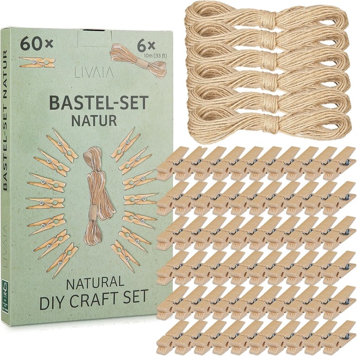 Set 60 clipsuri din lemn si 60 m sfoara pentru afisare fotografii, proiecte DIY, realizare tablouri, decoratiuni, Nature