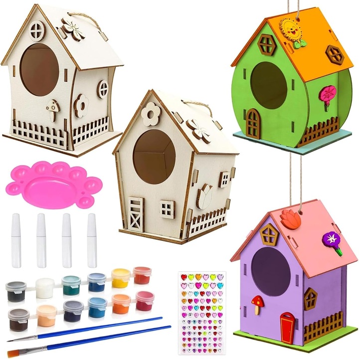 Set Creativ 4 Casute de Pasari din Lemn, Kit Constructie si Pictura pentru Copii 4+ Ani, Puzzle si Set Mestesuguri Creative 9 x 12 CM – Sunshine Smile