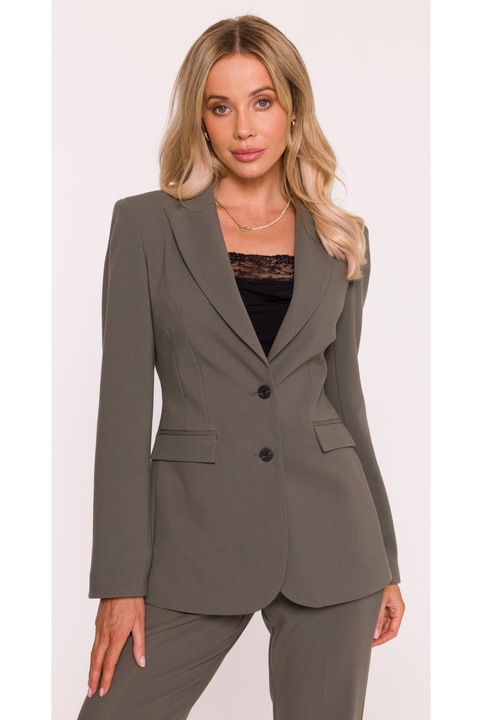 S417 Khaki Dzseki L, klasszikus egysoros dzseki, klasszikus kézzel készített hajtókás gallér, teljesen bélelt, csípő alatti hosszúságú, hosszú szűk ujjak