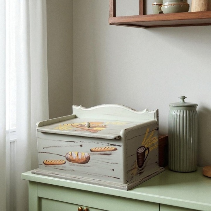 Cutie din lemn pentru paine, Cesti, pictata manuala, verde vintage, multicolor, 35 x 20 x 16cm(21 cm)