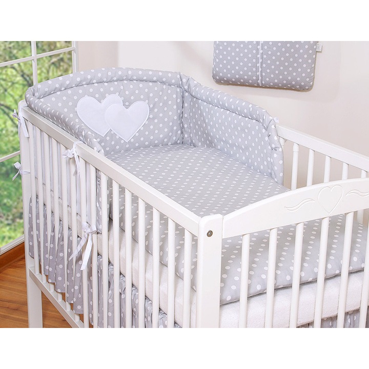 Lenjerie patut 2 piese Bobono, Serduszka, 90x120 cm, 100% bumbac, gri cu inimioare