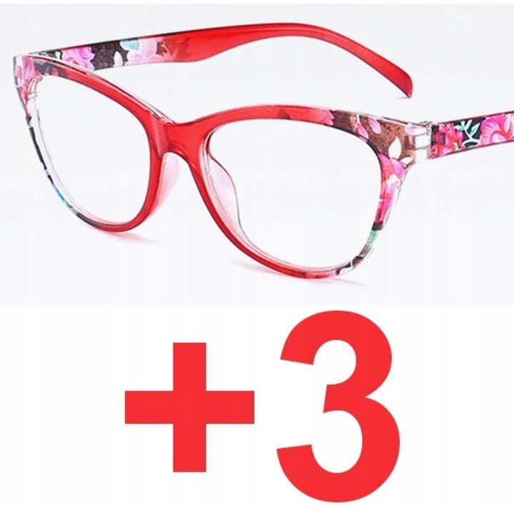 Ochelari de citit pentru femei, roșii, hipermetropie +3.00, plastic