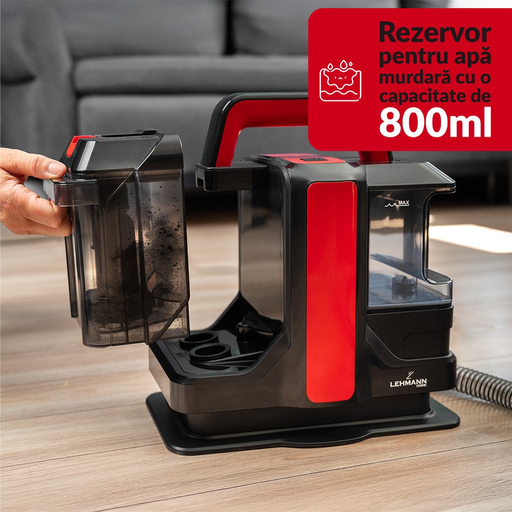 Aspirator cu spalare Lehmann Easywash, profesional, Injectie-Extractie, umed/uscat, putere de aspiratie 12kPa, IPX4, rezervor pentru apa curata 1.08L, rezervor pentru apa murdara 0.8L, 31.5x24x35.5 cm, 4.5kg, negru/rosu
