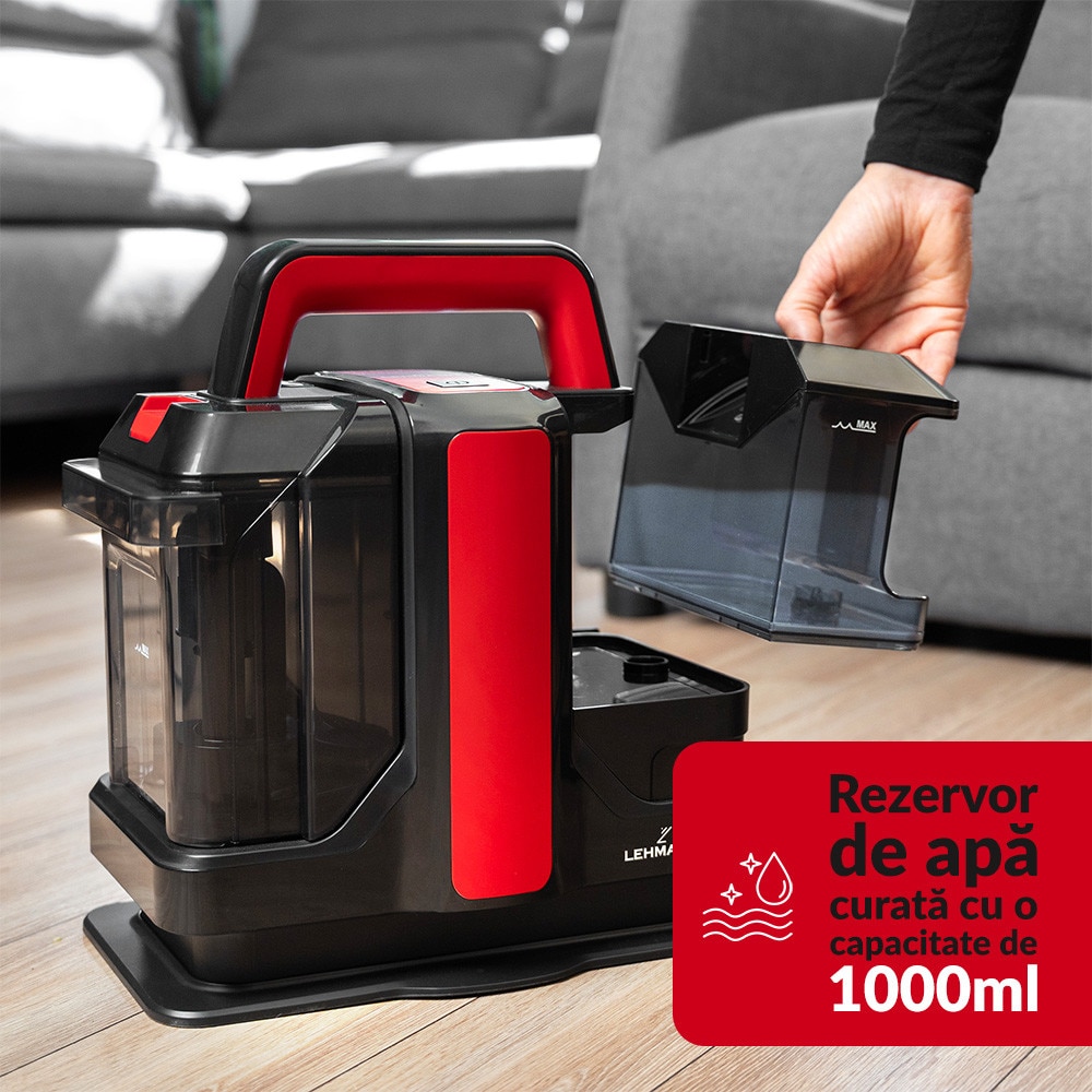 Aspirator cu spalare Lehmann Easywash, profesional, Injectie-Extractie, umed/uscat, putere de aspiratie 12kPa, IPX4, rezervor pentru apa curata 1.08L, rezervor pentru apa murdara 0.8L, 31.5x24x35.5 cm, 4.5kg, negru/rosu