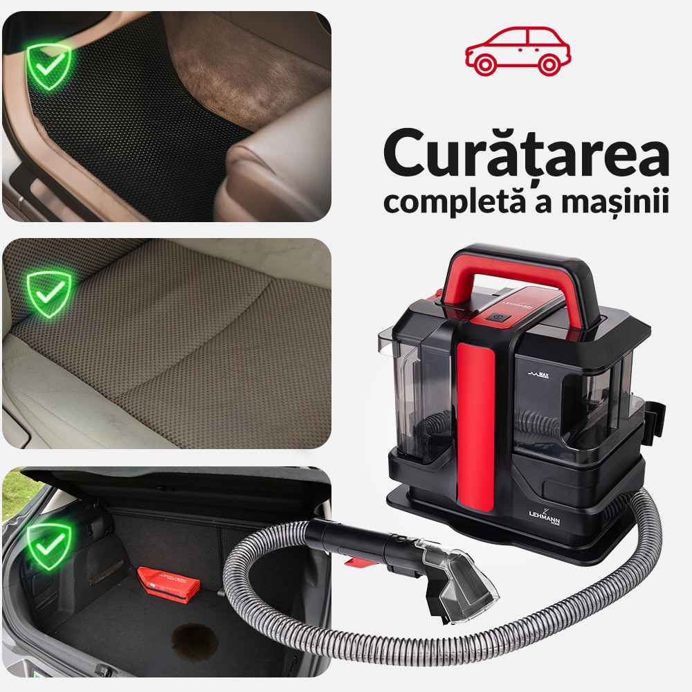 Aspirator cu spalare Lehmann Easywash, profesional, Injectie-Extractie, umed/uscat, putere de aspiratie 12kPa, IPX4, rezervor pentru apa curata 1.08L, rezervor pentru apa murdara 0.8L, 31.5x24x35.5 cm, 4.5kg, negru/rosu