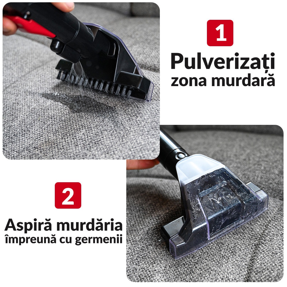 Aspirator cu spalare Lehmann Easywash, profesional, Injectie-Extractie, umed/uscat, putere de aspiratie 12kPa, IPX4, rezervor pentru apa curata 1.08L, rezervor pentru apa murdara 0.8L, 31.5x24x35.5 cm, 4.5kg, negru/rosu