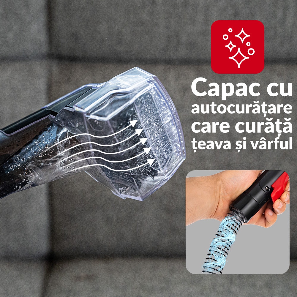 Aspirator cu spalare Lehmann Easywash, profesional, Injectie-Extractie, umed/uscat, putere de aspiratie 12kPa, IPX4, rezervor pentru apa curata 1.08L, rezervor pentru apa murdara 0.8L, 31.5x24x35.5 cm, 4.5kg, negru/rosu