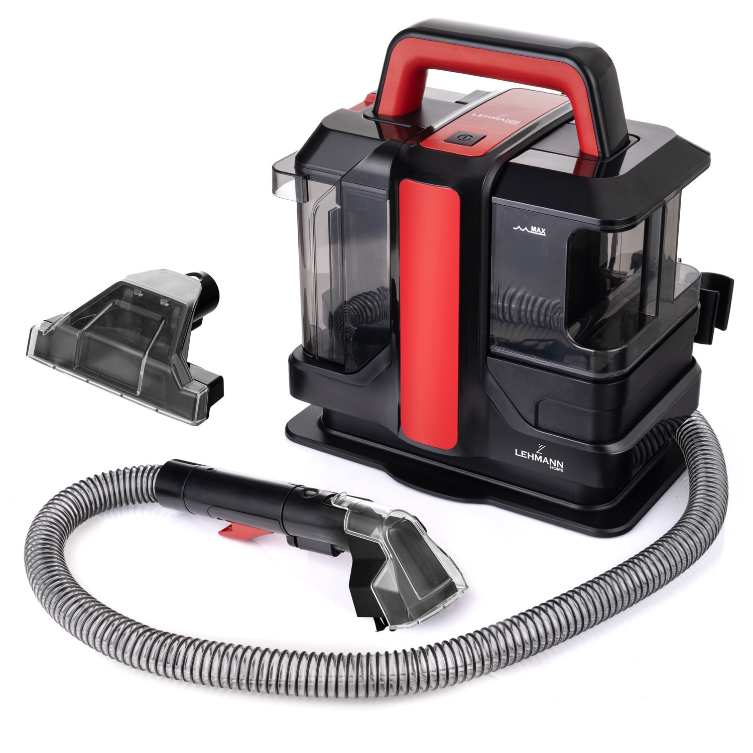 Aspirator cu spalare Lehmann Easywash, profesional, Injectie-Extractie, umed/uscat, putere de aspiratie 12kPa, IPX4, rezervor pentru apa curata 1.08L, rezervor pentru apa murdara 0.8L, 31.5x24x35.5 cm, 4.5kg, negru/rosu