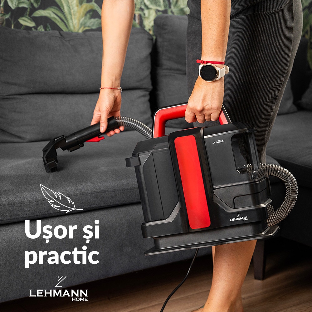 Aspirator cu spalare Lehmann Easywash, profesional, Injectie-Extractie, umed/uscat, putere de aspiratie 12kPa, IPX4, rezervor pentru apa curata 1.08L, rezervor pentru apa murdara 0.8L, 31.5x24x35.5 cm, 4.5kg, negru/rosu