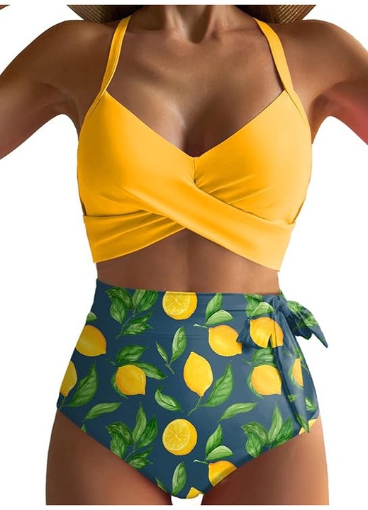 Costum de baie talie inalta din 2 bucati pentru femei, galben/verde XL