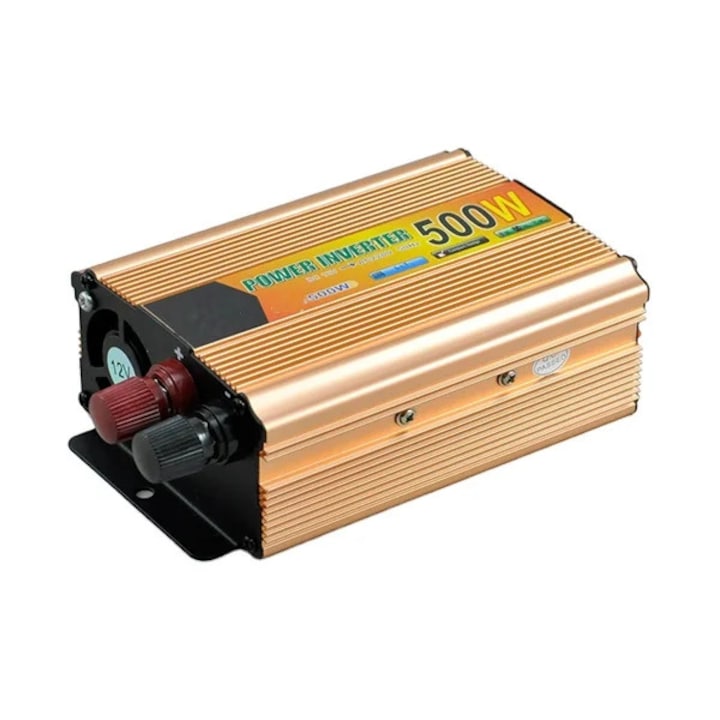 Инвертор на мощност 500W, Златист дизайн, Преобразуване от 12V DC към 220V AC, Вграден вентилатор