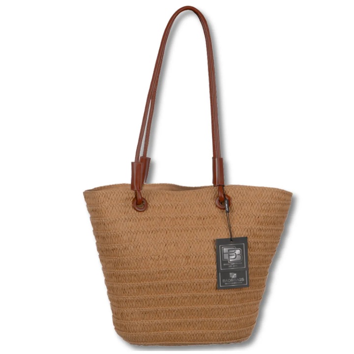 Geanta de plaja mare, de umar, pentru femei, incapatoare, stil casual, impletita, fabricata din paie sintetica, cu manere si detalii maro, ideala pentru vacanta si utilizare zilnica, Bad&Bags, design premium, 43x31x15cm, colectia de vara