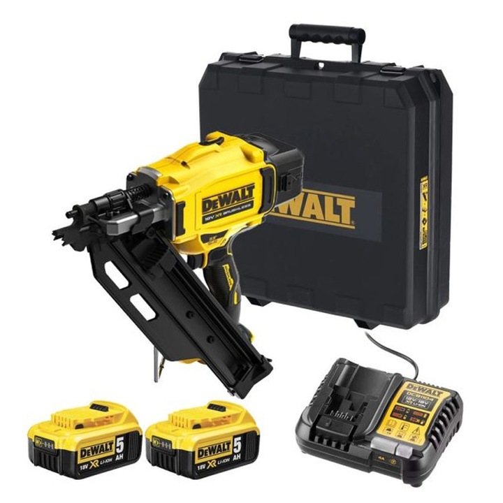 Pistol pentru cuie cu acumulatori 18V Li-Ion, 2 x 5.0 Ah, inclinat 33 grade, 90 mm, Dewalt DCN930P2-QW