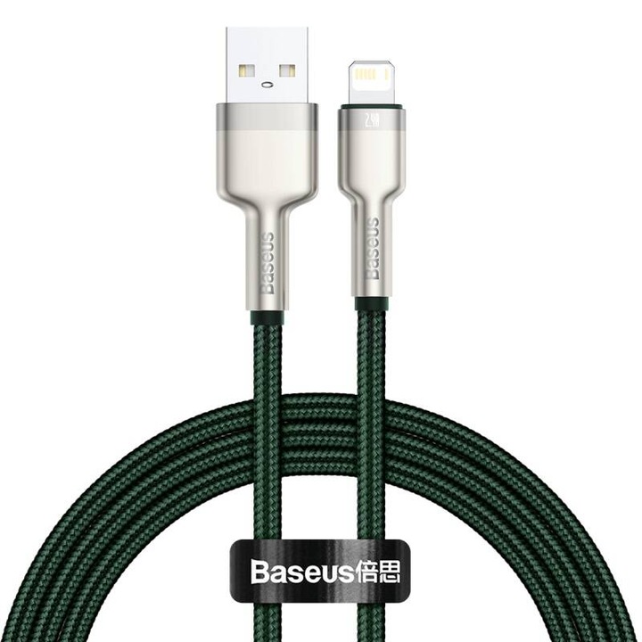 Cablu de date Baseus Cafule Metal, USB/Lightning, 18W, 2.4A, 1m, Verde