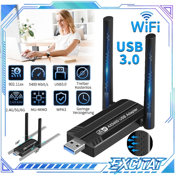 Adaptor Wi-Fi USB 3.0, Excitat®, AX5400 WiFi 6E, Tri-Band 2.4GHz/5GHz/6GHz, Viteza 5400Mbps, Antena 5dBi, WPA3, USB 3.0, pentru stick WiFi PC/Laptop, Windows 10/11