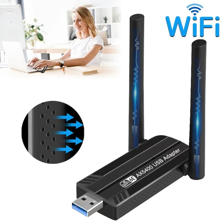 Adaptor Wi-Fi USB 3.0, Excitat®, AX5400 WiFi 6E, Tri-Band 2.4GHz/5GHz/6GHz, Viteza 5400Mbps, Antena 5dBi, WPA3, USB 3.0, pentru stick WiFi PC/Laptop, Windows 10/11