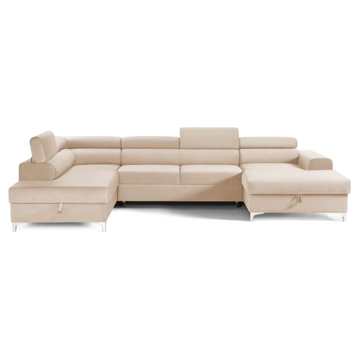 Coltar Extensibil, in forma de U, TIME NEW, Stanga, cu 2 lazi de depozitare si tetiere reglabile, 360x220x95 cm, Bej - Velluto