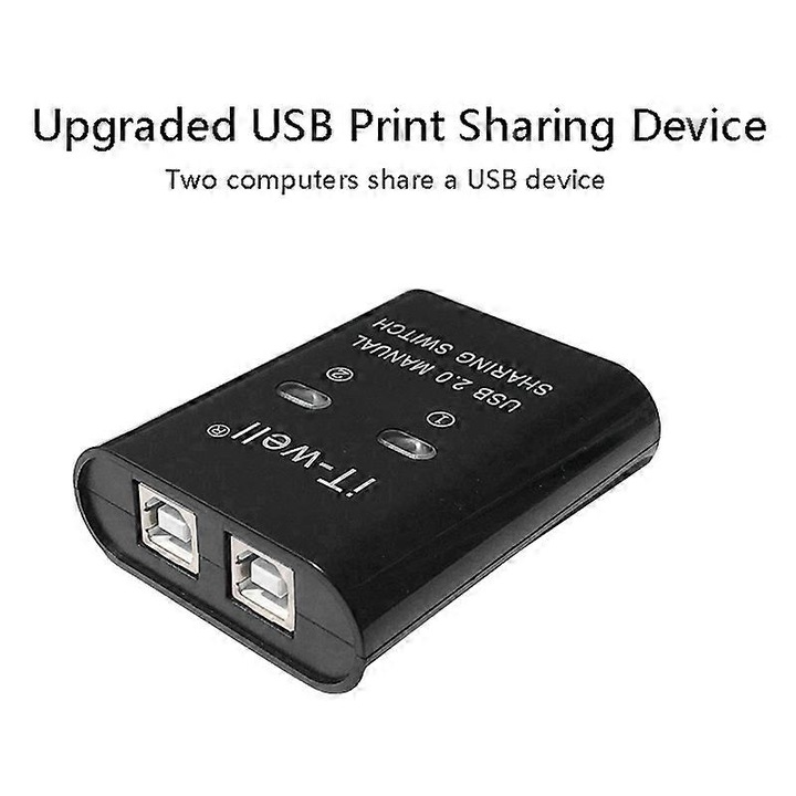 Dispozitiv de partajare USB pentru imprimante, 2 porturi, comutator manual, negru, 7x6x2cm
