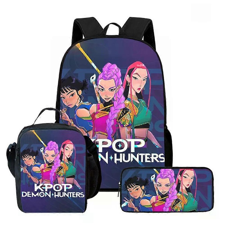 Ghiozdan Huntrix K-pop Demon Hunters, 20-35L, nylon, cu geanta si penar, multicolor