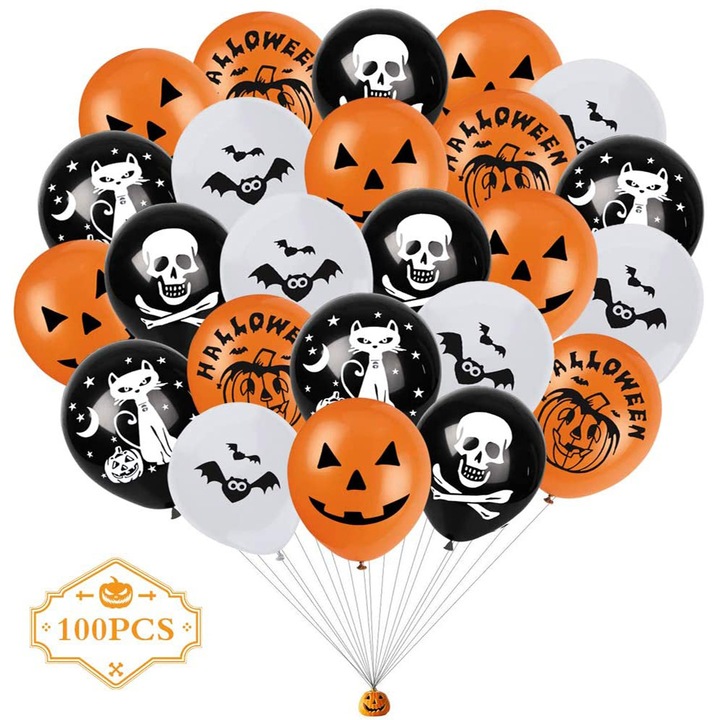 100 db-os Halloween lufi szett, narancssárga és fekete, vegyes mintákkal, latex