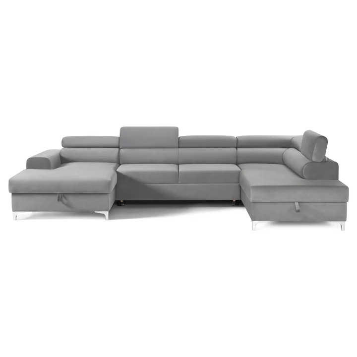Coltar Extensibil, in forma de U, TIME NEW, Dreapta, cu 2 lazi de depozitare si tetiere reglabile, 360x220x95 cm, Gri Silver - Velluto