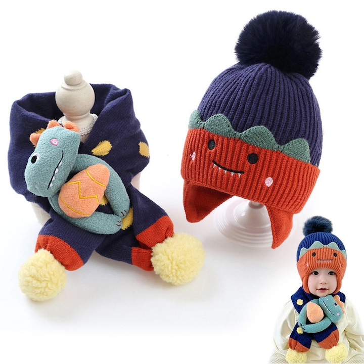 Set caciula si fular pentru copii, 8 luni - 4 ani, 47-51 cm, orele rezistente la vant, mai cald, material moale si prietenos cu pielea, ventilat, confortabil si elastic, potrivit pentru baieti si fete, bleumarin/rosu