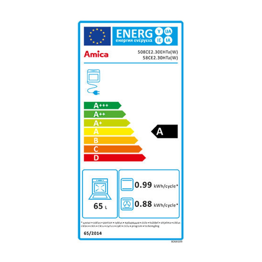 Aragaz electric AMICA 508CE2.30EHTA(W), Plita vitroceramica 4 zone, Dezghetare rapida, Afisaj LED, 50 cm, 62 l, Clasa A, Alb