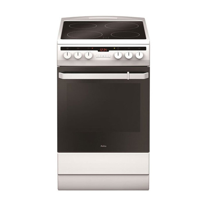 Aragaz electric AMICA 508CE2.30EHTA(W), Plita vitroceramica 4 zone, Dezghetare rapida, Afisaj LED, 50 cm, 62 l, Clasa A, Alb