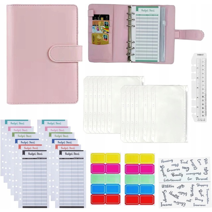 Organizer bugetar A6, 30 piese, 12 buzunare transparente, roz