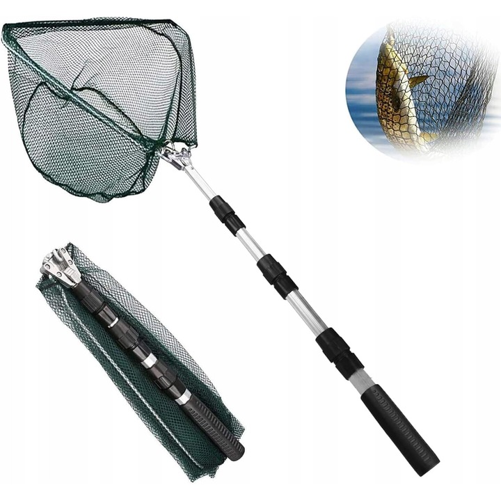 Set de plasa telescopica pliabila pentru pescuit, 130cm, nylon, aluminiu, 3 extensii, portabil
