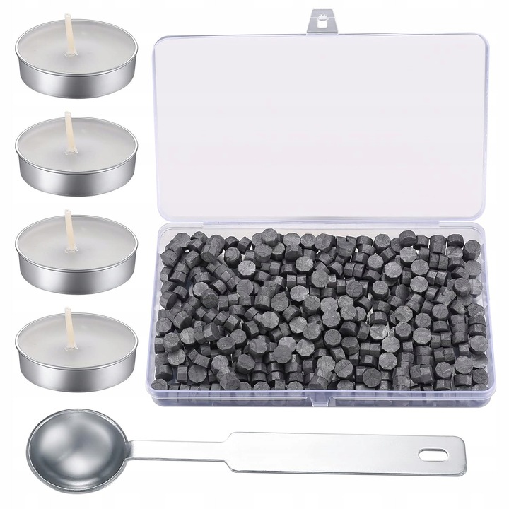 Set de sigilii din ceara, 320 bucati, gri, 4 lumanari, cu lingura