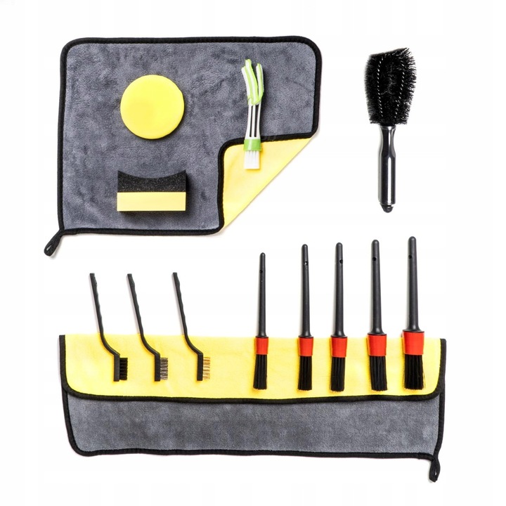 Set detaliere auto, 5 pensule, 3 perii, 2 prosoape microfibra, multicolor