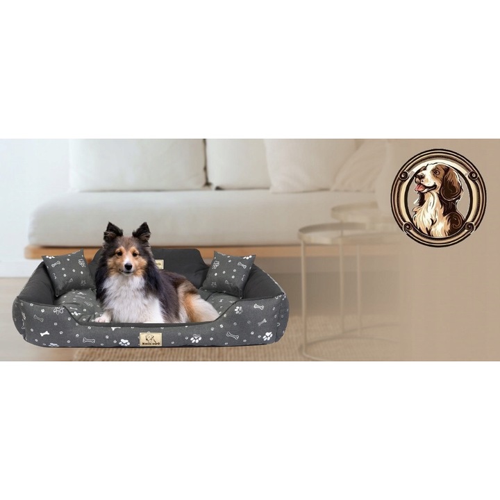 Culcus pentru caini King Dog, personalizat, impermeabil, gri cu model oase, 100x75cm, set cu 2 perne