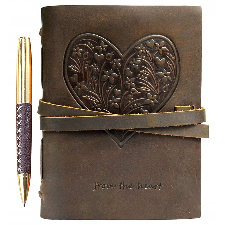 Jurnal din piele vintage, design in forma de inima, maro