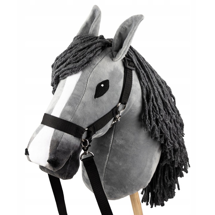 Cai pe bat Skippi Hobby Horse A3, gri, cu capastru si fraul, dimensiuni 13x30x62cm