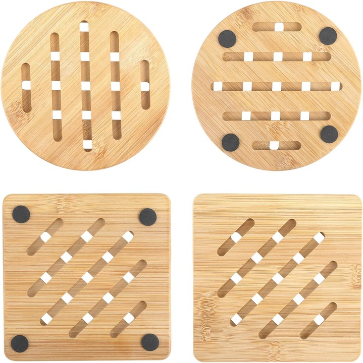 Set 4 suporturi din bambus rezistente la caldura, 2 rotunde si 2 patrate, 15x15cm, design ecologic