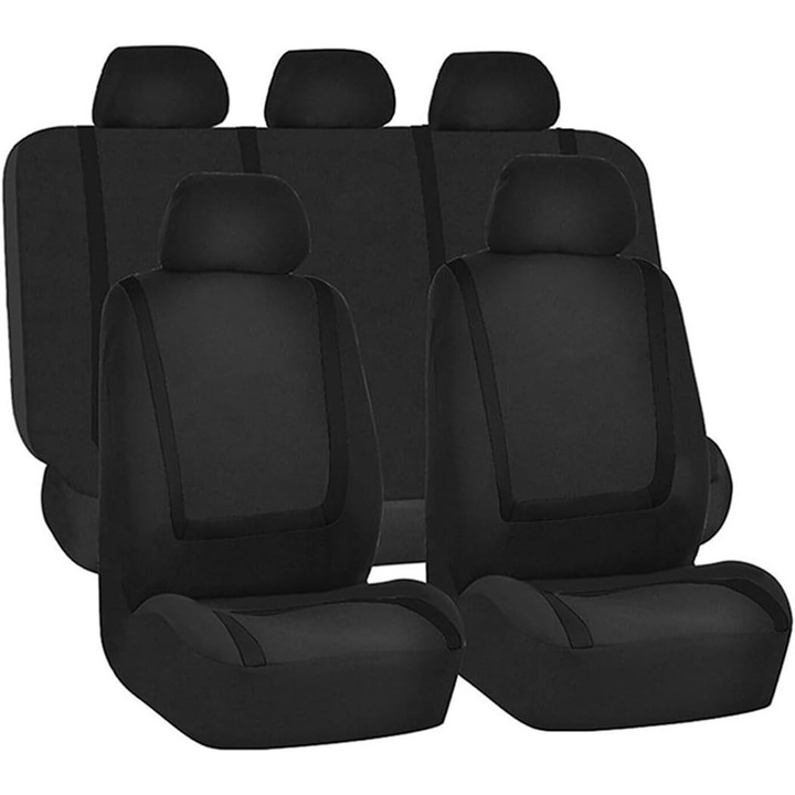 Set complet huse auto, material respirabil, huse universale pentru scaune fata si spate, usor de instalat, potrivite pentru majoritatea masinilor, camioanelor si SUV-urilor (negru).