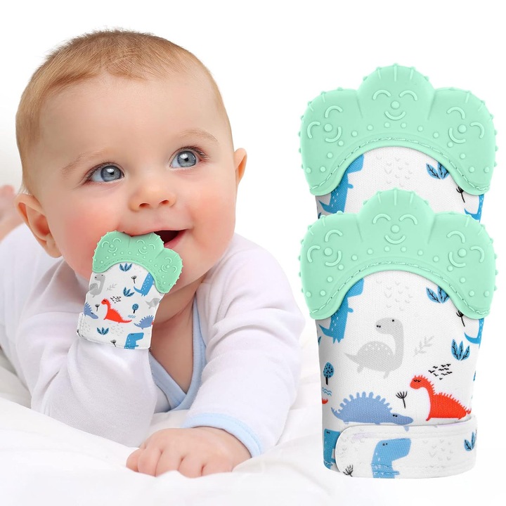 Manusi de dentitie din silicon, set de 2 bucati, sigure, pentru bebelusi 0-12 luni, multicolor