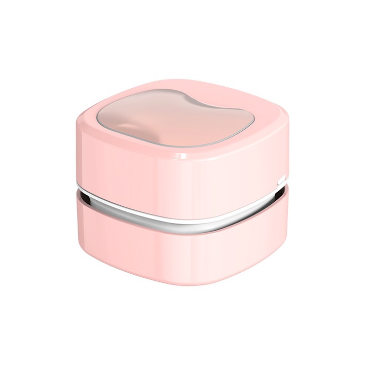 Aspirator portabil mini pentru birou, roz, cu perie rotativa 360°