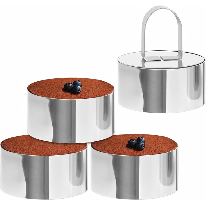 Set 4 forme prajituri din otel inoxidabil, 3 inch, rezistente la caldura, usor de utilizat, argintii