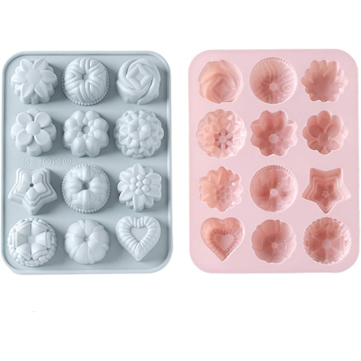 Set 2 forme prajituri din silicon, 12 cavitati, roz, gri-albastru