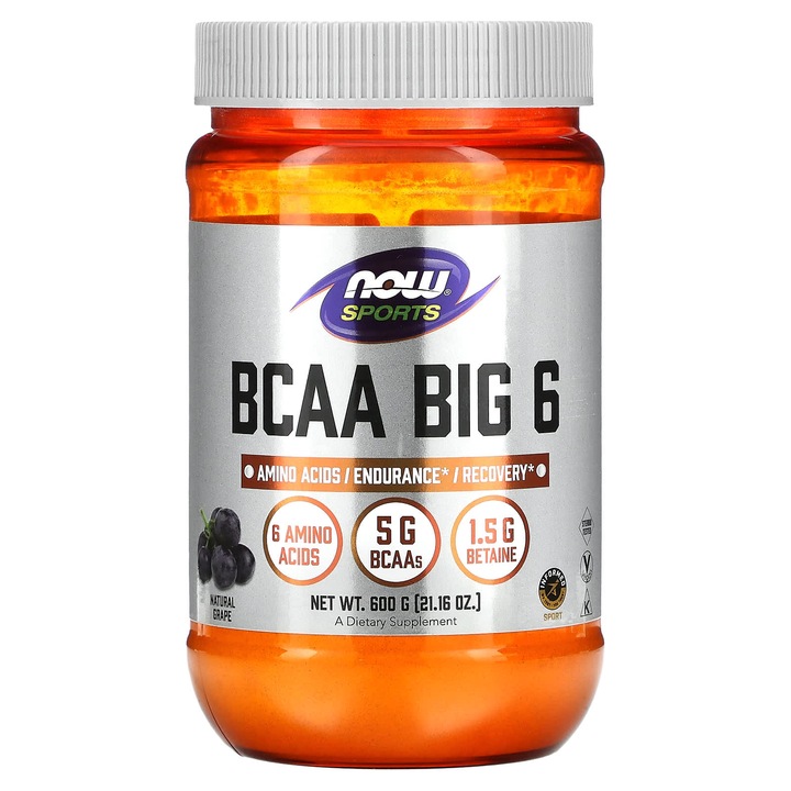 Supliment amino acizi BCAA Big 6, NOW Foods, pudra, 5 g BCAA, 1.5 g betaina, naturala, 600 g