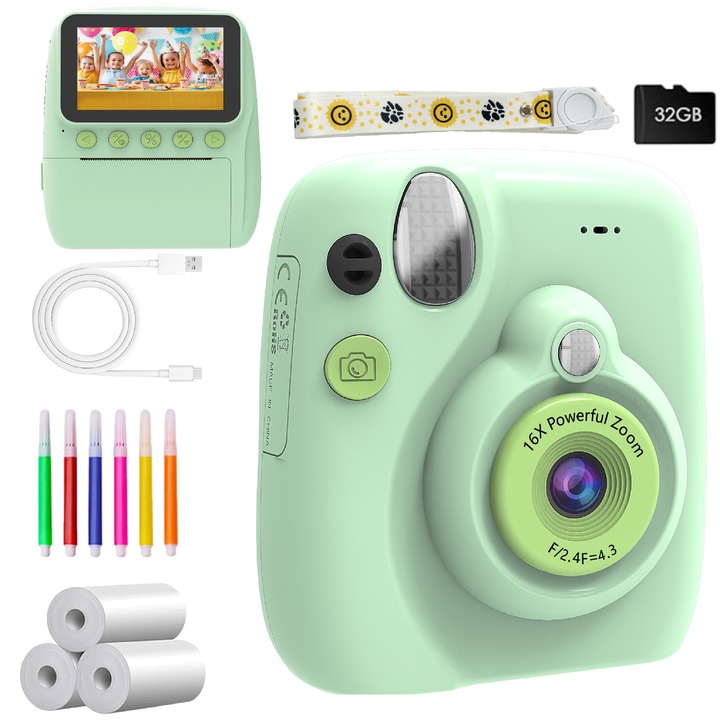 Детска цифрова камера, Polaroid, печат с висока разделителна способност, светлозелен, 32GB карта памет, комплект