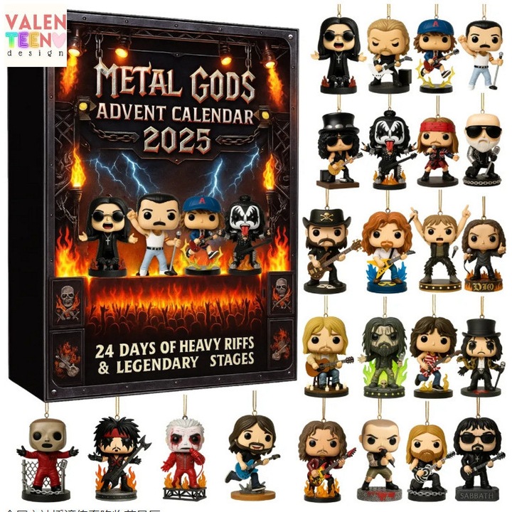 Cutie surpriza de Craciun, decoratiune din acril, figura metalica legenda rock