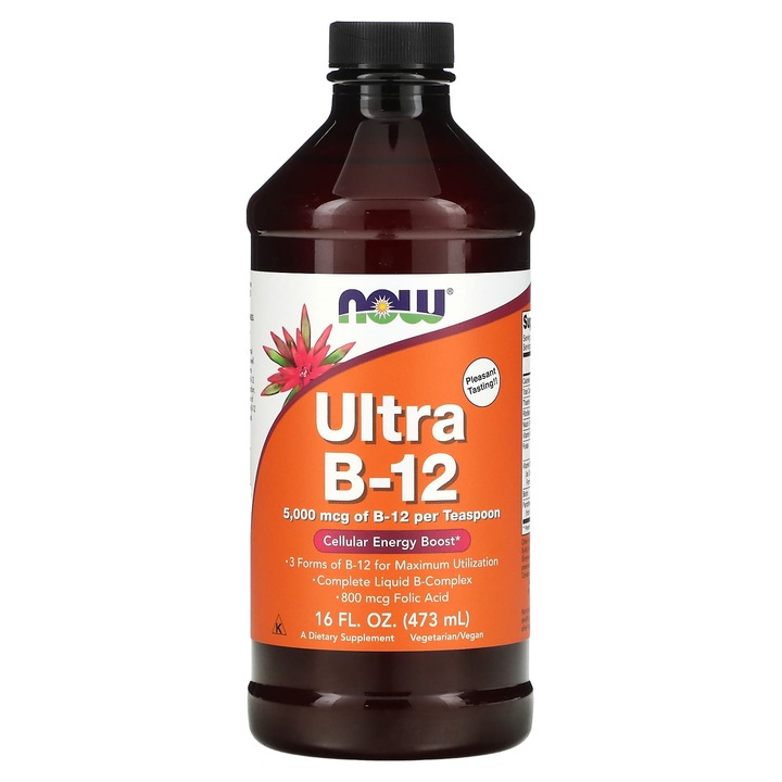 Supliment alimentar, NOW Foods, Ultra B-12, 5000 mcg, 473 ml, vegans, cu 800 mcg acid folic