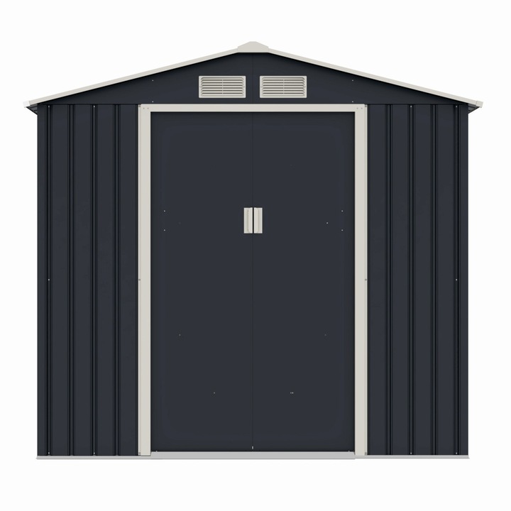 Casuta de gradina MESTERINO Archer-A, metalica, gri/bej, 213x131x195 cm, usi culisante, baza metalica