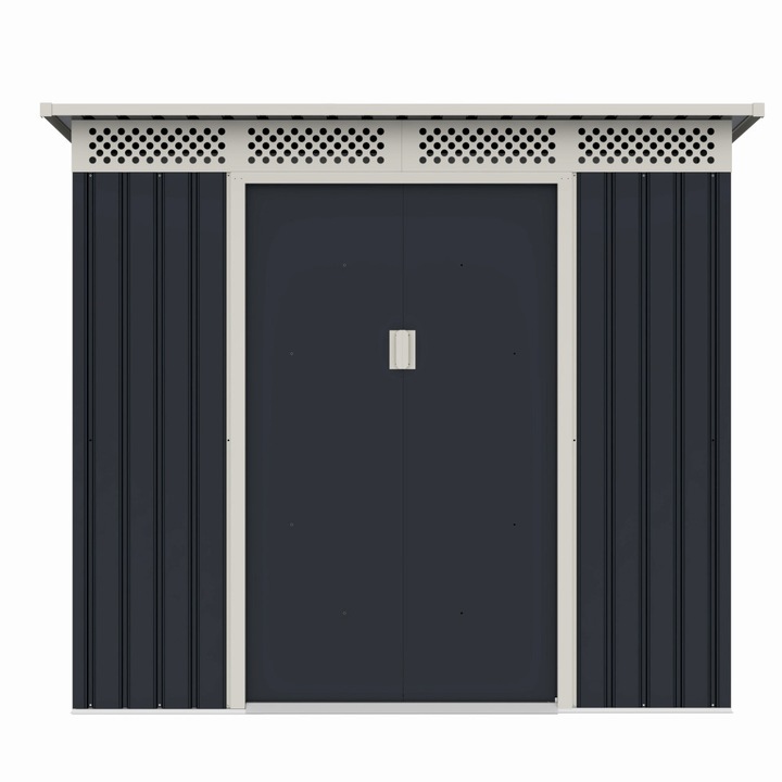 Casuta de gradina MESTERINO Bella-A, gri/bej, metalica, dimensiuni 215x142x184, cu usi culisante, baza metalica