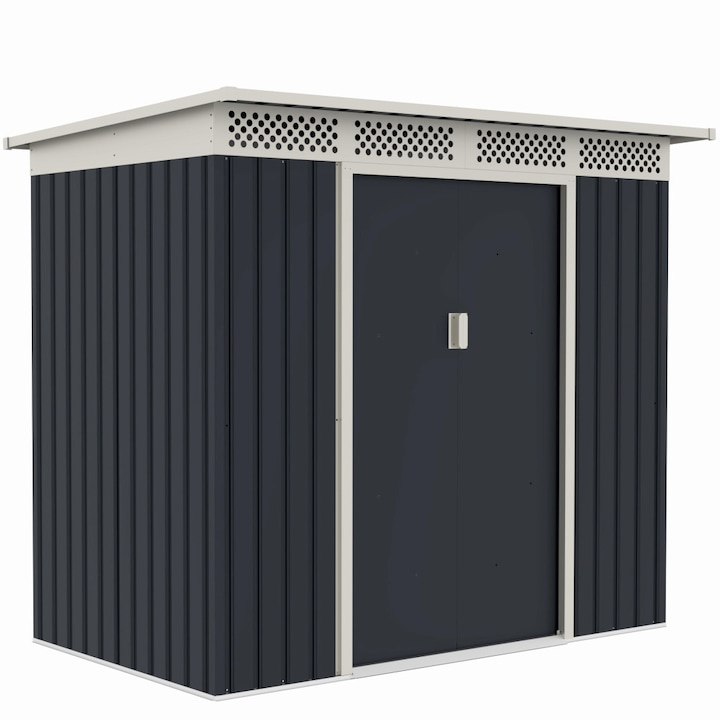 Casută de grădină MESTERINO Bella-A, gri/bej, metalică, dimensiuni 215x142x184 cm, cu uși culisante, bază metalică